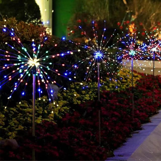 Rolesde Solar Firework Lights 4 Pack 480 LED Yard Remote Control, 8 Modes Waterproof Decorative Light for Garden Path Lawn Décor (Multi_Color)