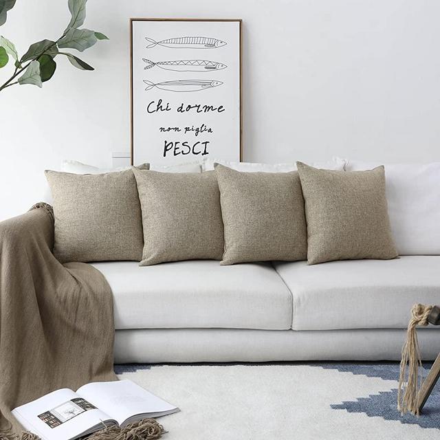 Home Brilliant Burlap Lined Linen Square Throw Cushion Pillowcase Covers for Sofa, 18"x18", Natural Linen, Set of 4