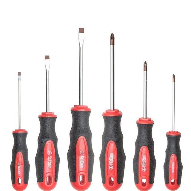 6PCS Magnetic Tip Screwdriver Set, 3 Phillips and 3 Flat, Red Tip | Red, Gloss, S2 Steel)