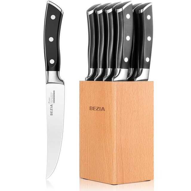 BEZIA Steak Knives Set with Block, Non Serrated Steak Knife Set of 8, 5 inch Razor Sharp German Steel Steak Knives Set - Full Tang Handle