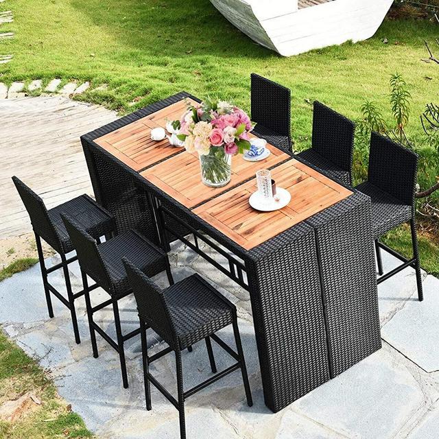 ReunionG 7Pcs Rattan Bar Set, Sturdy and Durable Sun-Proof Rattan Dinning Set w/ 3 Acacia Desktops, Outdoor Table & Chair Set w/Sponge Cushion, Ideal for Patio, Garden, Balcony and Indoor