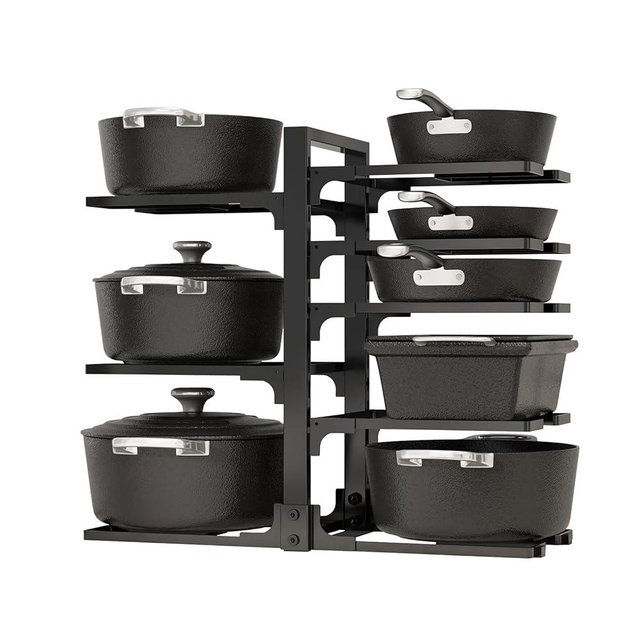 Fovkdcvw Adjustable Pots and Pans Organizer Under Cabinet, 8-Tier Pot and Pan Organizers Inside Cabinet, Kitchen Cabinet Organizers and Storage, Black