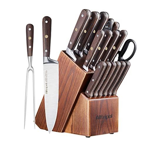 18 Piece Kitchen Knives Set with Wooden Block Sharpener & Scissors German Stainless Steel with Wood Handle Chef Cooking Utility Bread Slicing Peeling Boning Santoku Paring & Steak Knife