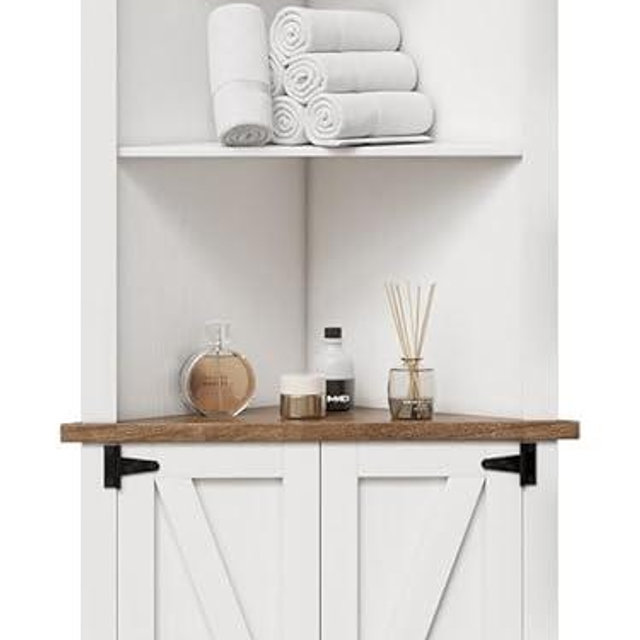 4 EVER WINNER Farmhouse Corner Cabinet, Tall Corner Cabinet with 5 Shelves and Barn Doors, Corner Storage Cabinet Home Space Saver for Living Room, Bedroom or Kitchen, White