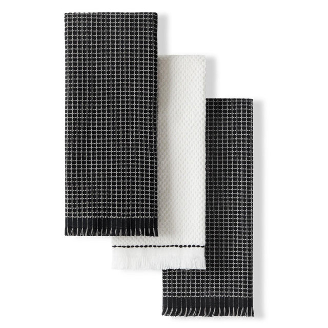 KITCHENAID Gourmet Series Gridlines Kitchen Towels 3-Pack Set, 100% Cotton Absorbent, Matte Black, 18"x28"