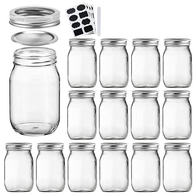 16oz / 500ml Mason Jars with Airtight Lids, Glass Jar With Regular Lids, Clear Glass Jar Ideal for Jam,Honey,Wedding Favors,Shower Favors, Set of 15