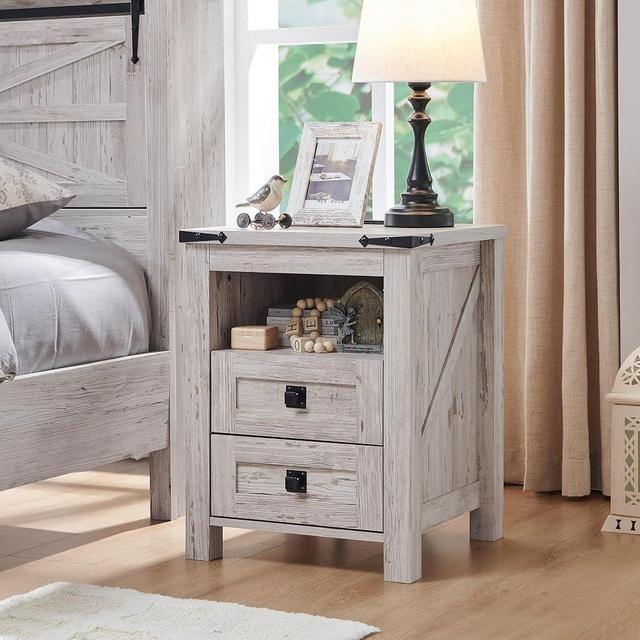 RedLemon Farmhouse Nightstand with Charging Station, Rustic 18 Inch End Table with 2 Storage Drawers and Open Shelf, Wood Sofa Side Table for Bedroom, Living Room (Antique Brush White)