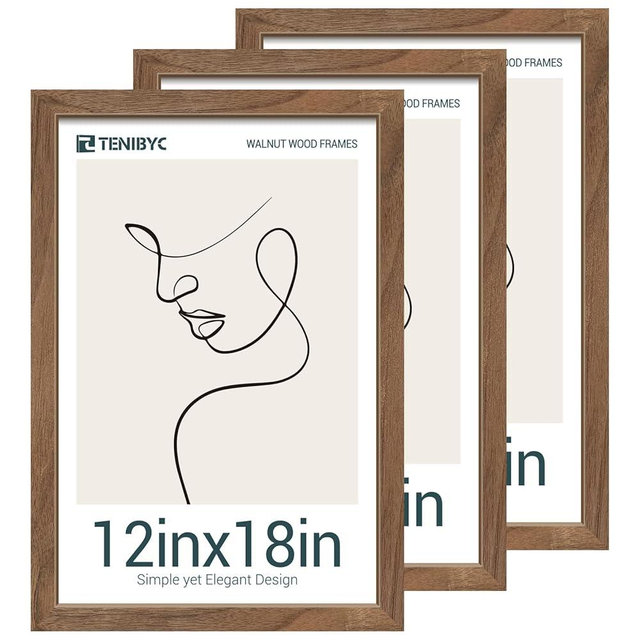 TENIBYC 12x18 Walnut Picture Frame Set of 3 with HD Glass - Natural Brown, Solid Wood Poster Frame, Wall Hanging