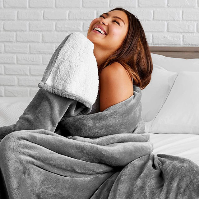 Bare Home Sherpa Fleece Blanket - Full/Queen Blanket - Blanket for Bed, Sofa, Couch, Camping and Travel - Warm & Lightweight - Fluffy & Soft Plush Blanket - Reversible (Full/Queen, Grey)