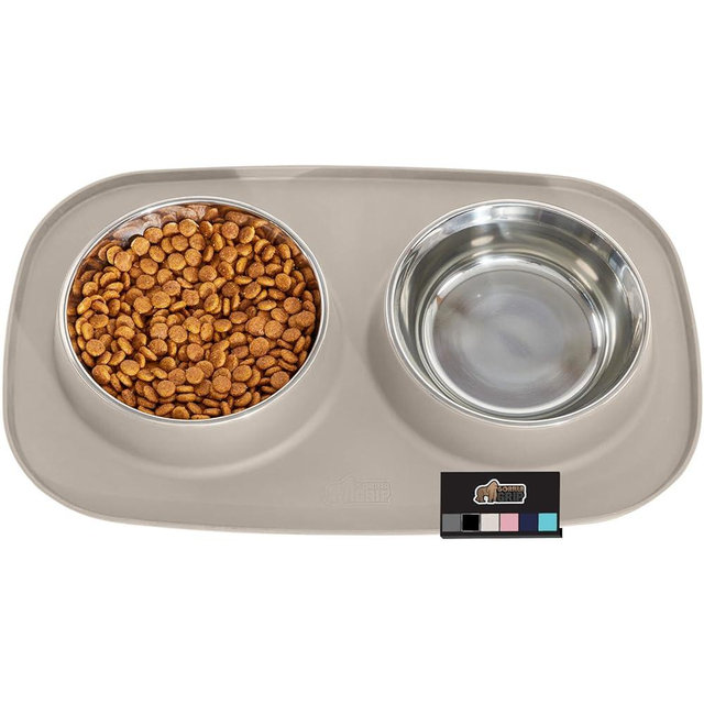 Gorilla Grip 100% Waterproof BPA Free Cat and Dog Bowls Silicone Feeding Mat Set, Stainless Steel Bowl Slip Resistant Raised Edges, Catch Water, Food Mess, No Spills, Pet Accessories, 2 Cup, Beige