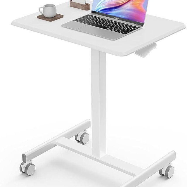 Sweetcrispy Mobile Small Standing Desk - Sit Stand Portable Rolling Laptop Desk with Lockable Wheels, Adjustable Height Computer Workstations, White