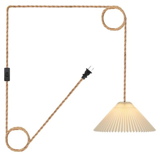 AOMICRON Plug in Pendant Light,15ft Hemp Rope Cord and On/Off Switch with Creamy White Pleated Lamp Shades Hanging Lights Fixture for Living Room Bedroom Kitchen Island Dining Room