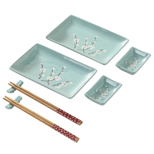Mocerakai 8 pcs Japanese Sushi Plate Sets Serving Platters and Trays for Entertaining Sushi Dishes Set Plates Sushi Plates Traditional Cuisine Dinnerware Sets with Chopsticks Blue Plum