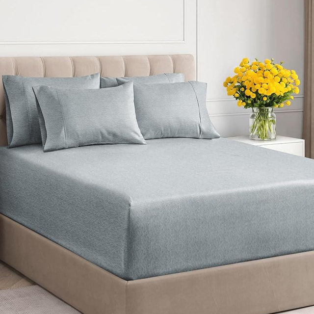 Extra Deep Cal King Sheet Set - 6 Piece Breathable & Cooling Sheets - Hotel Luxury Bed Sheets Set - Easy Fit - Soft, Wrinkle Free & Comfy Sheets Set - Heathered Blue Sheet Set w/Extra Deep Pockets