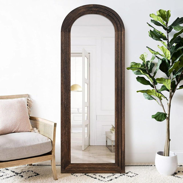 NeuType Arched Full Length Mirror, 65x22in Rustic Wood Frame Full Body Dressing Mirror, Wall-Mounted or Leaning Against Wall Standing Mirror, Farmhouse Decor for Bedroom Living Room, Charcoal Grilled