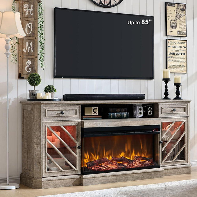 OKD 75 Inch 3-Sided Electric Fireplace TV Stand for TVs up to 85'',Modern Highboy Entertainment Center with 36" Fireplace & LED Lights,Widen Drawers and Glass Door Storage Cabinet, Light Rustic Oak