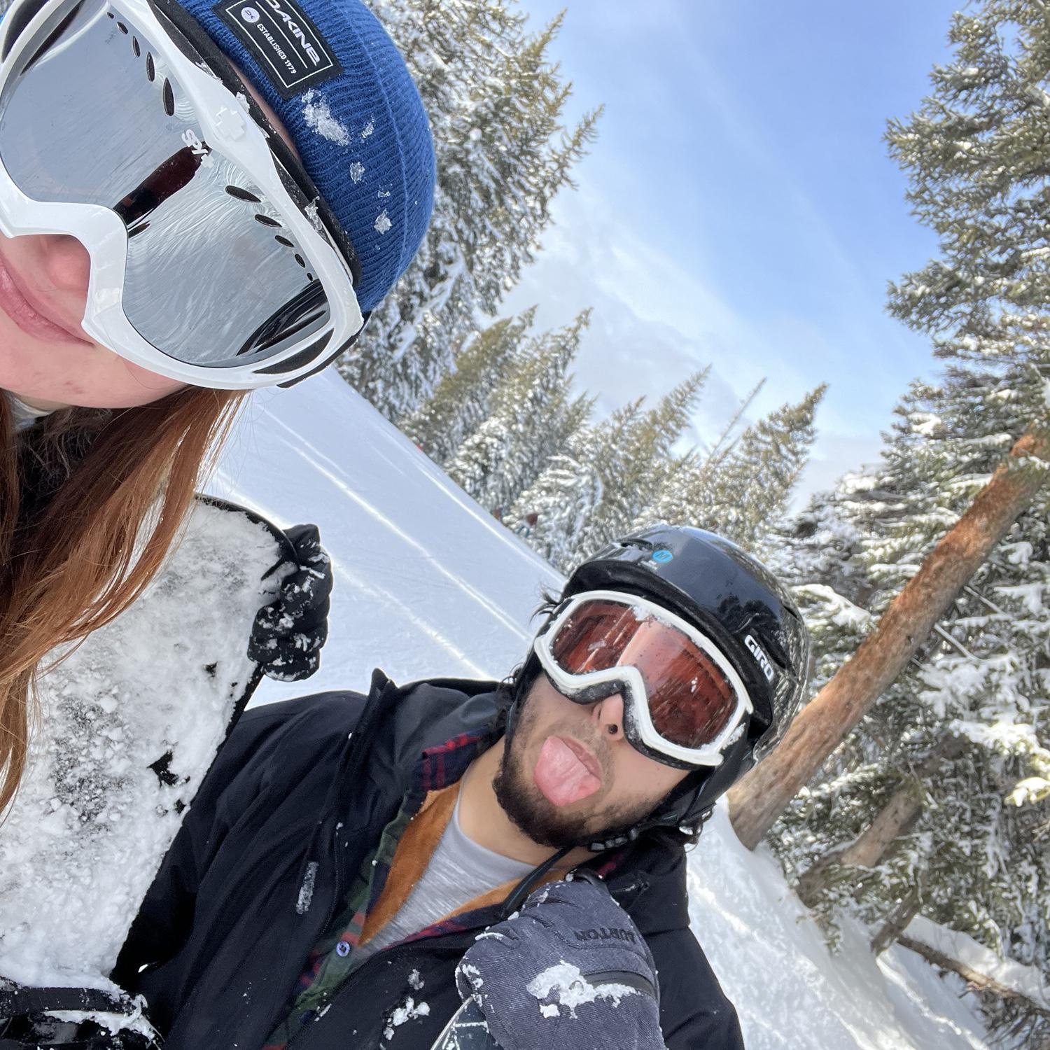 Snowboarding together for the first time.