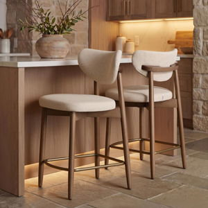 VASAGLE Wooden Bar Stools Set of 2, Upholstered Counter Height Barstools with Solid Wood Legs, Ergonomic Backrest, Mid Century Modern, for Kitchen Island, Linen-Look Fabric, Cappuccino Beige
