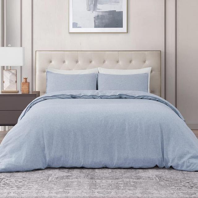DAPU Pure Linen Duvet Cover Set, 100% Yarn-Dyed French Linen, Breathable and Durable for Hot Sleepers, 1 Duvet Cover and 2 Pillowcases (Summer Sky, Queen/Full)