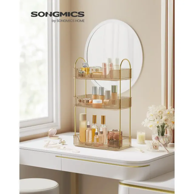 3-Tier Skincare and Jewelry Organizer with 2 Accessory Options, Adjustable Countertop Storage for Vanity, Champagne Gold