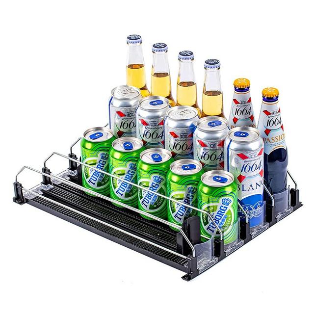 Rula Soda Can Organizer for Refrigerator, Self-Pushing Drink Organizer for Fridge, Pantry, Kitchen- Black, 4 Row