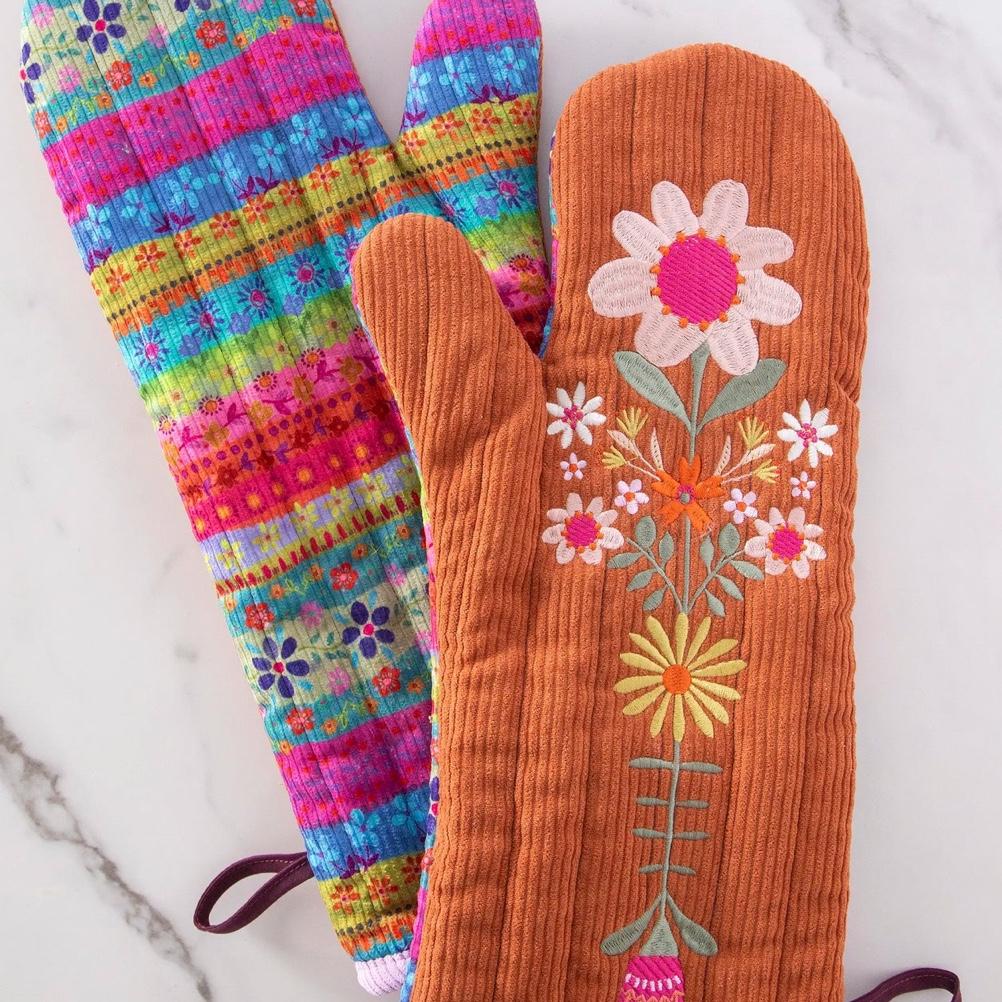 Bake Happy Double-Sided Oven Mitt - Rust Folk Flower
