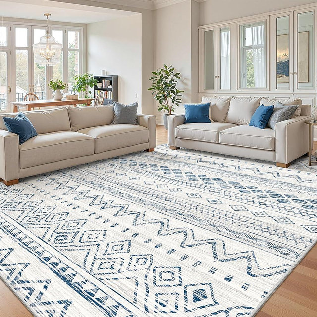 Miukiki 8x10 Area Rug for Living Room Moroccan Washable Rugs Non Slip Indoor Floor Carpet Foldable Large Soft Area Rug for Dining Room Bedroom with Low Pile(Blue,8'x10')