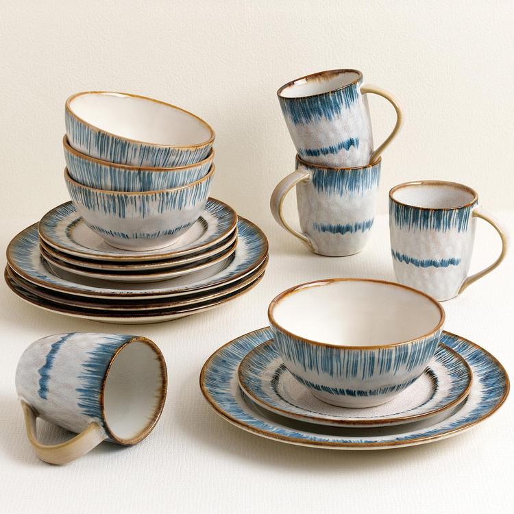 Lorren Home Trends 16-Piece Blue Stripe Porcelain Dinnerware Set