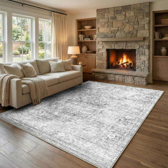 Homemate Washable Rug 5x7 Area Rugs - Vintage Faux Wool Rugs for Living Room Bedroom Dining Room - Non Slip Foldable Carpet Indoor Area Rug for Home Decor（5'x7', Grey