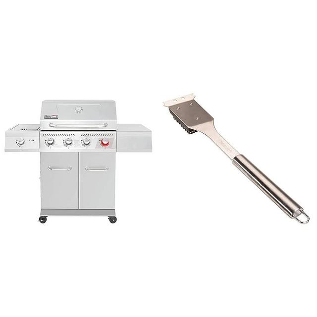 Royal Gourmet GA4402S Stainless Steel 4-Burner BBQ Propane Gas Grill, Silver & Cuisinart CCB-5014 BBQ Grill Cleaning Brush and Scraper, 16.5", Stainless Steel, 16. 5"