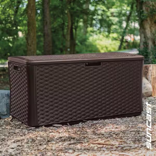 Suncast 134 Gal. Java Brown Wicker Weather Resistant Plastic Resin Deck Box BMDB134004