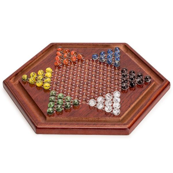 13.6-Inch Wooden Chinese Checkers Board Game Set with Colorful Glass Marbles