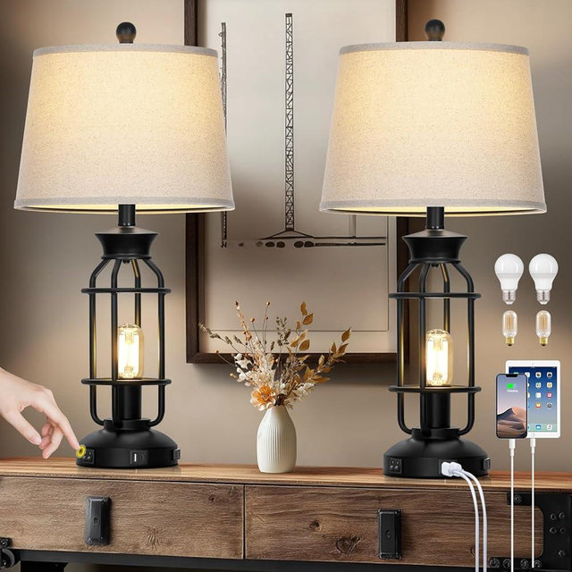 28" Vintage Table Lamps with USB C+A Ports & AC Outlet, Industrial Farmhouse Table Lamp Set of 2, Black Modern Nightstand Beside Lamps with 2 Night Light for Living Room Bedroom(4 LED Bulbs Included)