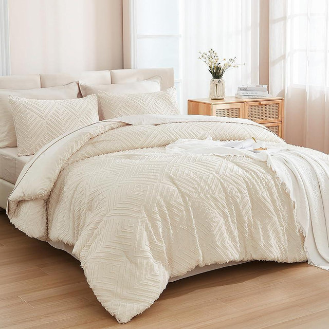 Andency Bed in a Bag Queen Beige- 7 Pieces Queen Comforter Set Beddding Comforter Sets, Tufted Lightweight Fluffy Bed Set with Comforter, Sheets, Pillowcases & Shams for All Season
