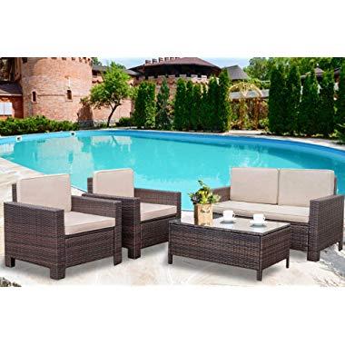 Patio Sofa Set 4pcs Outdoor Furniture Set PE Rattan Wicker Cushion Outdoor Garden Sofa Furniture with Coffee Table Bistro Sets for Yard