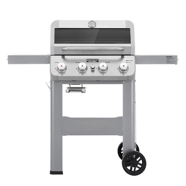 Monument Grills 4-Burner Liquid Propane Gas Grill, Silver Stainless Steel Grill Outdoor Patio Garden Barbecue Grill with Clearview® Lid and One Foldable Shelf, Mesa400MF