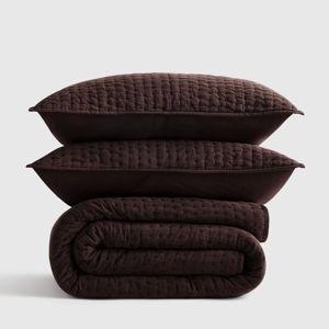 European Linen Cotton Stitch Quilt Set - Espresso, King/Cal King