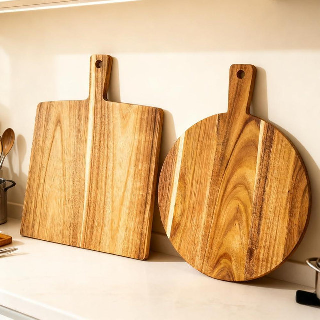 2 Pack Large Acacia Wood Cutting Board with Handle 17''X13'', Charcuterie Board, Serving Board, Chopping Board for Meat, Cheese, Bread, Vegetables & Fruits (Round & Square)