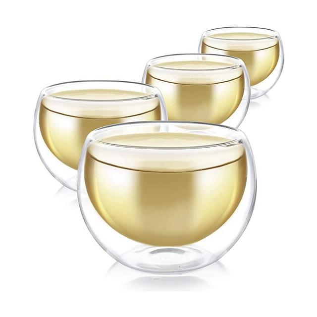 Teabloom Tea Cups - Double Wall Insulated Glasses - Set of 4 (3.4 oz / 100 ml) Heat Resistant Borosilicate Tea and Espresso Cups - Lead Free Glass - Celebration Teacup Collection