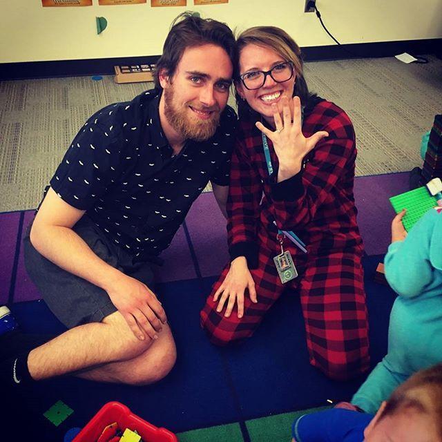 Dillon surprised me in the classroom on pajama day to pop the question! He wrote a beautiful poem, played my favorite song, and got all the kiddies involved! This is just after I said "YES!"