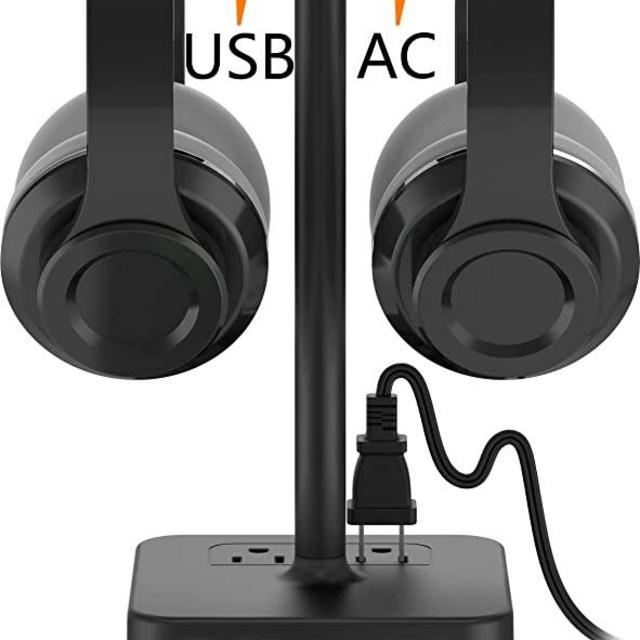 Dual Headphone Stand with USB Charger KAFRI Desk Gaming Double Headset Holder Hanger Rack with 2 USB Charging Port and 2 Outlet - Suitable for Gamer Desktop Table Game Earphone Accessories Gift