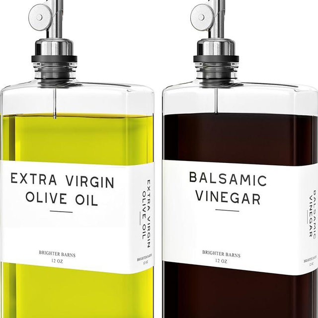 Glass Olive Oil Dispenser Bottle for Kitchen by Brighter Barns - Oil and Vinegar Dispenser Set, Coffee Syrup Bottles - Modern Decor for Restaurants, Coffee Station Accessories (Clear/Silver, Set of 2)
