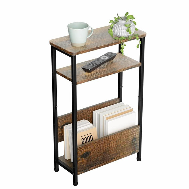 THUMEYE 7.1" Narrow Side Table for Small Spaces, 3 Tier Small End Table with Magazine Holder, Slim/Skinny Nightstand/Bedside Table for Living Room, Bedroom, with Adjustable Feet, 15.4" L x 24.2" H
