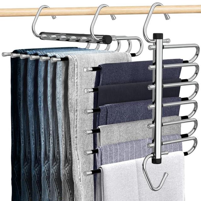 Pre-Assembled Pants Hangers Space Saving, 2 Pack 6 Tier Stainless Steel Multifunctional Pants Rack Closet Organizers Metal Hangers for Pants, Jeans, Trousers, Scarf, Slack, Skirts, Clothes, Argent