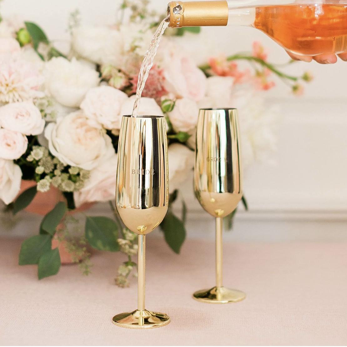 Gold Stainless Steel Bride and Groom Flute Set