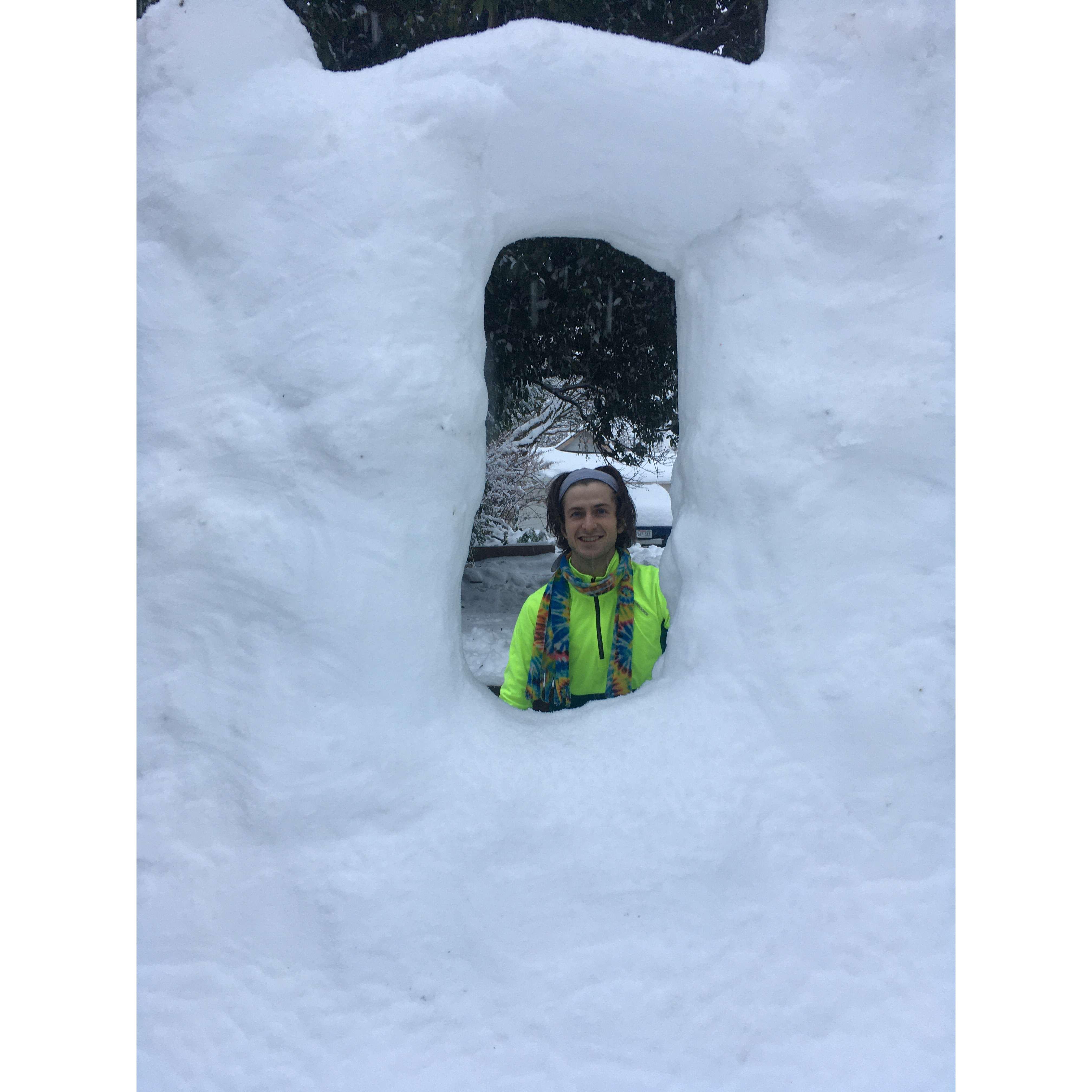 In Winter 2021, Sam dedicated over 6 hours to build this beautiful snow fort. Some of the work was done at night using a headlamp.