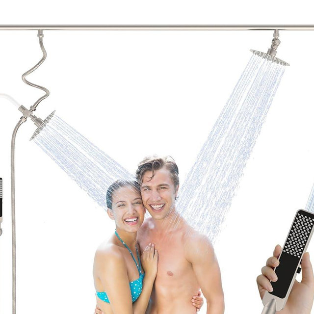 Dual Shower Head for Couples, Adjustable High Pressure Tandem Shower Head, Double Shower Heads for Two People Rod, 6-Setting Diverter, Dual Rain Shower Head with Handheld Combo - Brushed Nickel