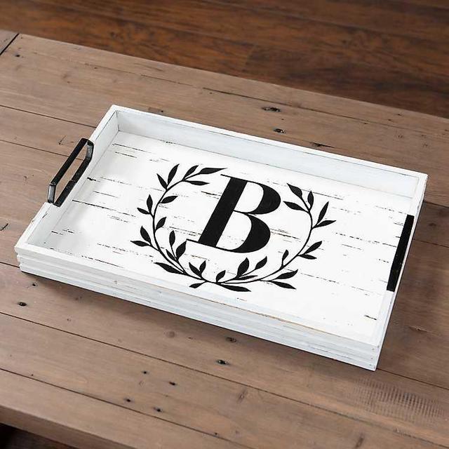 Whitewash Wreath Monogram B Wooden Tray