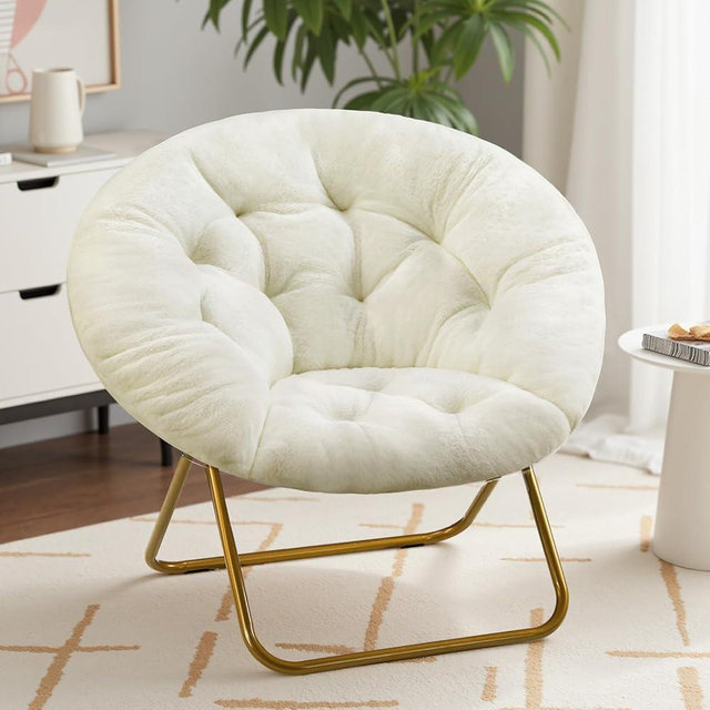 Sweetcrispy Saucer Chairs, Comfy Folding Cozy Faux Fur Living Room Reading Lounge Chair with Soft Thick Padded Seat & Metal Frame Modern Style Bedroom Home Dorm for Kids Adults, X-Large - Cream