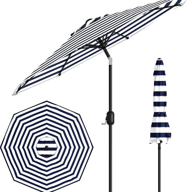 9FT Patio Umbrella Outdoor, Market Umbrella, Table Umbrella with Push Button Tilt and Crank, 8 Sturdy Ribs UV Protection Waterproof for Garden, Pool, Deck, Backyard (Light-blue-and-white striped)
